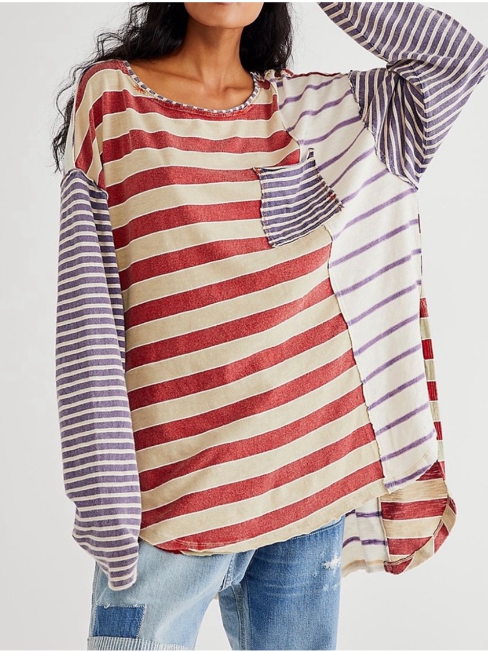 Free People Striped Patchwork Tee — Red, Cream & Purple